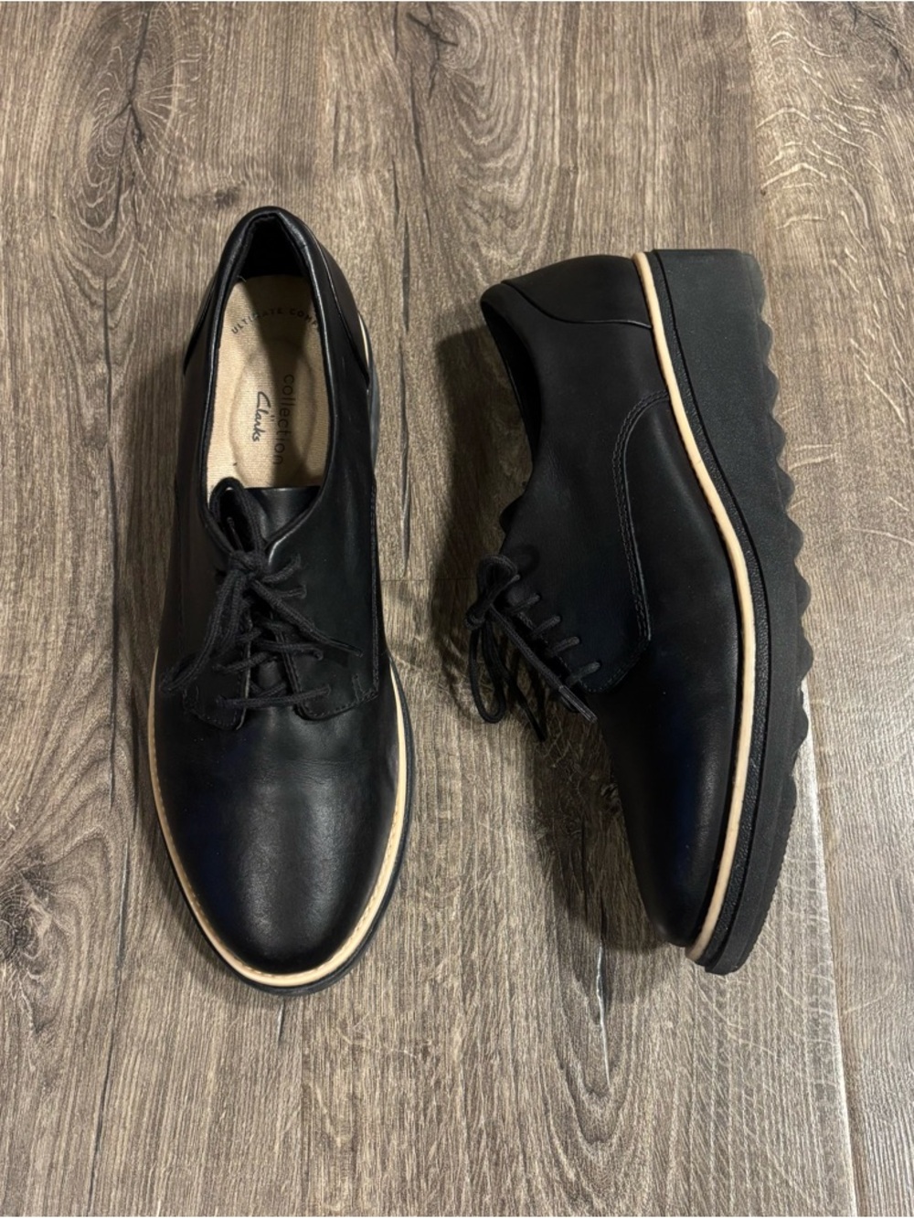 Clarks Women's Sharon Noel Oxford Black Leather Wedge Lace Up Size 8M